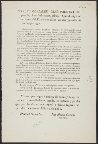 Manuel Gonzalez, gefe politico del partido, à sus habitantes, sabed: Que el supremo gobierno del Estado con fecha 28 del presente, me dice lo que sigue
