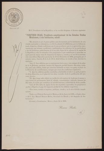 El C. Presidente de la República, se ha servido dirigirme el decreto siguiente ... Porfirio Diaz, Presidente constitucional ... En atención á que el paseo público más frecuentado por los habitantes de esta ciudad, nacionales y extranjeros, es el de la calzada de la Reforma, por su belleza natural