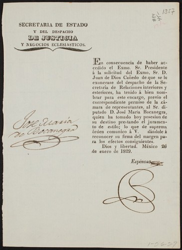 En consecuencia de haber accedido el Exmo. Sr. Presidente á la solicitud del Exmo. Sr. D. Juan de Dios Cañedo de que se le exonerase del despacho de la Secretaría de Relaciones interiores y esteriores, ha tenido á bien nombrar para este encargo ... al Sr. diputado D. José María Bocanegra