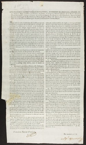 Don Francisco Xavier Venégas de Saavedra, Rodriguez de Arenzana ... Virey, Gobernador y Capitan General de esta Nueva España ... en el mismo Reyno : Hago saber á todos los habitantes de este Reyno que mis constantes y contínuos desvelos dirigidos a extinguir para siempre la rebelion que le devasta ... me obligan imperiosamente á tomar las disposiciones mas enérgicas ... Una de ellas ... es la de recoger todos los caballos para remontar las invencibles tropas del Rey