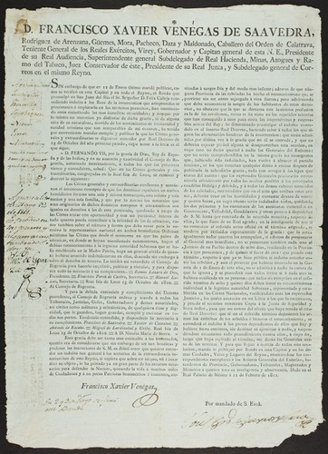 Don Francisco Xavier Venégas de Saavedra ... Virey, Gobernador y Capitan general de esta N.E. ... Sin embargo de que en 12 de Enero último mandé publicar, como se verificó en esta Capital y en todo el Reyno, el Bando que promulgo en San Juan del Rio el Sr. Brigadier D. Felix Calleja concediendo indulto á los Reos de la insureccion