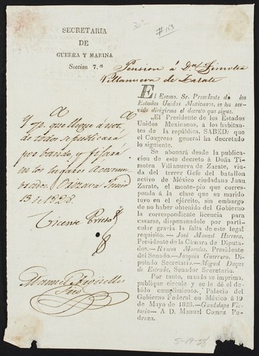 El Escmo. Sr. Presidente de los Estados Unidos Mexicanos, se ha servido dirigirme el decreto que sigue ... el Congreso general ha decretado ... Se abonará desde la publicacion de este decreto a Doña Timotea Villanueva de Zarate, viuda del tercer Gefe del batallon activo de México ciudadano Juan Zarate, el monte-pio que corresponda á la clase que su marido tuvo en el ejercito