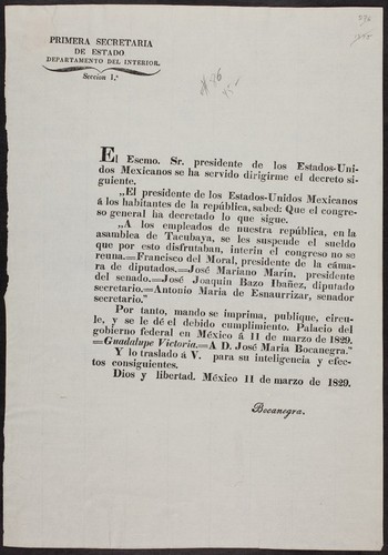 El Escmo. Sr. presidente de los Estados-Unidos Mexicanos se ha servido dirigirme el decreto siguiente ... A los empleados de nuestra república, en la asamblea de Tacubaya , se les suspende el sueldo que por esto disfrutaban