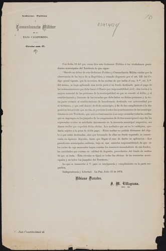 Circular num. 57. Con fecha 12 del que cursa dice este Gobierno Politico á los ciudadanos presidentes municipales del Territorio lo que sigue