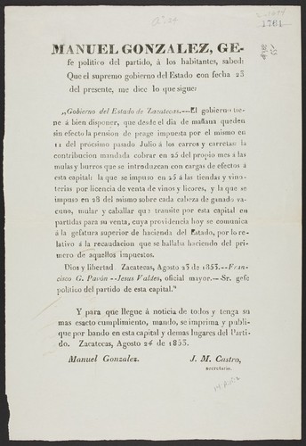 Manuel Gonzalez, gefe politico del partido, à los habitantes, sabed: Que el supremo gobierno del Estado con fecha 23 del presente, me dice lo que sigue