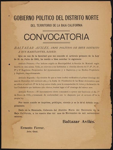 Convocatoria. Baltazar Aviles, jefe politico de este distrito a sus habitantes, sabed: que en uso de la facultad que me concede el artículo primero de la ley de 31 de Julio de 1861