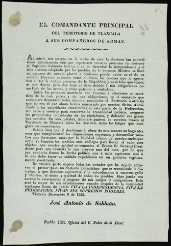 El Comandante Principal del Territorio de Tlaxcala a sus compañeros de armas