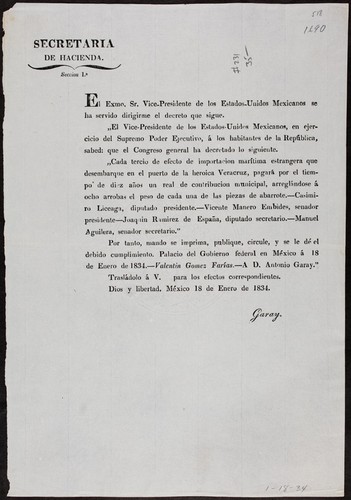 El Exmo. Sr. Vice-Presidente de los Estados-Unidos Mexicanos se ha servido dirigirme el decreto que sigue ... Cada tercio de efecto de importacion marítima estrangera que desembarque en el puerto de la heroica Veracruz, pagará por el tiempo de diez años un real de contribucion municipal, arreglándose á ocho arrobas el peso de cada una de las piezas de abarrote