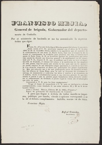 Dada cuenta al E. Sr. presidente interino con el oficio de V.S. núm. 1380 de 26 de diciembre último : relativo á la espedicion que el contador de la administracion de esa renta en Nuevo Leon, hizo con el resguardo de su mando al departamento de Coahuila