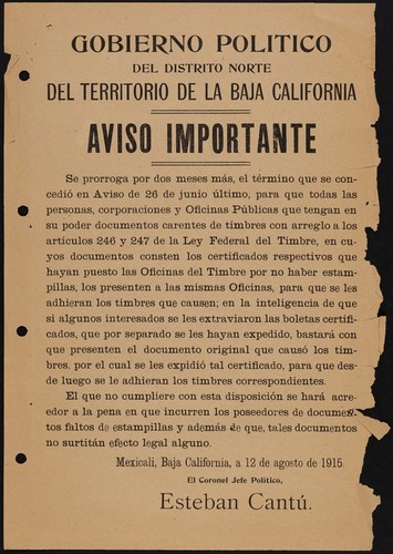 Aviso importante : se prorroga por dos meses más, el término que se concedió en Aviso de 26 de junio último, para que todas las personas, corporaciones y oficinas públicas que tengan en su poder documentos carentes de timbres con arreglo a los artículos 246 y 247 de la Ley Federal del Timbre