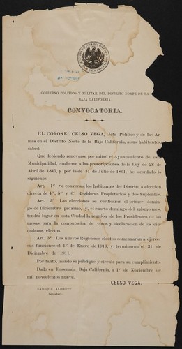 Convocatoria. El Coronel Celso Vega, Jefe Político y de las armas en el Distrito Norte de la Baja California, a sus habitantes, sabed