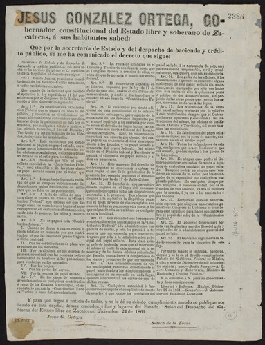 Jesus Gonzalez Ortega, gobernador constitucional del estado libre y soberando de Zacatecas, á sus habitantes, sabed ... Secretaria de Estado y del despacho de hacienda y crédito público ... El C. Benito Juarez, presidente ... he tenido á bien decretar lo siguiente: Art. 1o. Se establece una "Contribucion Federal que se pagará en toda la República, y consistirá en el veinticinco porciento adicional sobre todo