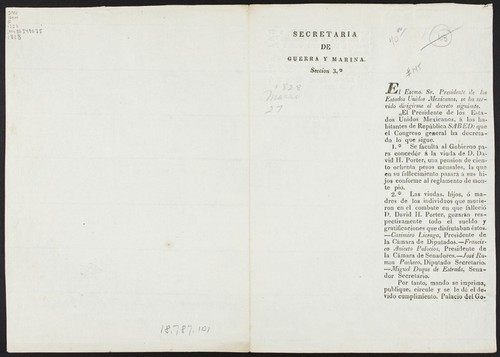 El Escmo. Sr. Presidente de los Estados Unidos Mexicanos, se ha servido dirigirme el decreto siguiente ... el Congreso general ha decretado lo que sigue ... Se faculta al Gobierno para concedér á la viuda de D. David H. Porter , una pension de ciento ochenta pesos mensales, la que en su fallecimiento pasara á sus hijos conforme al reglamento de monte pio