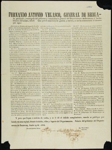 Fernando Antonio Velasco, general de brigada ... encargado del gobierno ... del Departamento de Zacatecas ... Secretaría de Estado y del Despacho de Gobernacion, Seccion de Municipalidades ... Antonio Lopez de Santa-Anna ... Presidente de la República Mejicana ... Art. 1°. Los Gobernadores de los Departamentos ... se ocuparán inmediatamente en investigar y conocer los terrenos usurpados