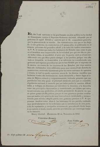 El dia 7 del corriente se ha proclamado un plan político en la ciudad de Guanajuato, contra el Supremo Gobierno nacional, adoptado por el gobierno de aquel Estado y suscrito por el Sr. comandante general y por la guarnicion de su mando ... no considerando este gobierno que algunas providencias que se han dictado por el supremo de la nacion, en contra de los intereses de los Estados, por cuyo motivo han sido reclamados, sean suficientes para usar contra él del derecho de insurreccion, reservado únicamente para los casos estremos de opresion y tiranía, la cual no puede esperarse nunca de los ilustres caudillos que lucharon contra ella heróicamente, hasta derrocarla, y hacer fugar al tirano de Méjico, cobarde y vergonzasamente