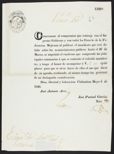 Consecuente al compromiso que contraje con el Supremo Gobierno y con todos los Estados de la Federacion Mejicana al publicar el manifiesto que creí debido sobre los acontecimientos publicos hasta el 20 de Marzo, se imprimió el cuaderno que comprende las principales constancias a que se contrahe el referido manifiesto