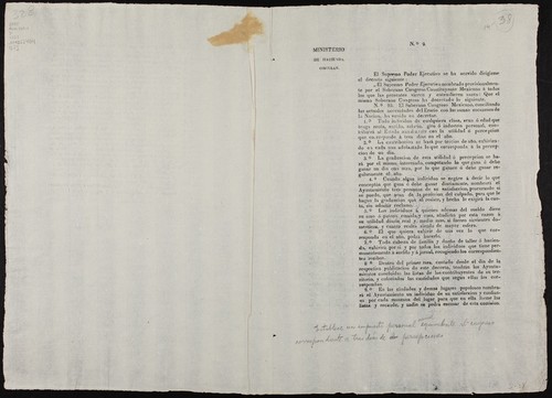 El Supremo Poder Ejecutivo se ha servido dirigirme el decreto siguiente. No. 95. El Soberano Congreso Mexicano, conciliando las actuales necesidades del Erario con las sumas escazeses de la Nacion, ha venido en decretar. 1o. Todo individuo de cualquiera clase, sexo ó edad que tenga renta, sueldo, salario, giro ó industria personal, contribuirá al Estado anualmente con la utilidad ó percepcion que corresponde á tres dias en el año