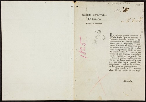 La adjunta gazeta, contiene la noticia oficial que ha recibido el Gobierno Supremo, relativa al reconocimiento de nuestra independencia por la Inglaterra; y queriendo el Ecsmo. Sr. Presidente que un suceso tan fausto, se celebre como su importancia ecsije ... por medio de un bando nacional, y que por tres dias haya repiques, iluminaciones y salvas de artillería, en los términos acostumbrados