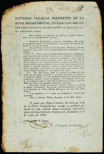 Santiago Villegas, presidente de la Junta Departamental, en ejercicio del poder ejecutivo en el Departamento de Zacatecas ... : Secretaría de Justicia y Negocios Eclesiásticos ... presidente interino de la República Mejicana ... Art. 1°. Entre tanto que se arregla definitivamente la Hacienda Pública, las faltas del promotor fiscal de los tribunales de circuito