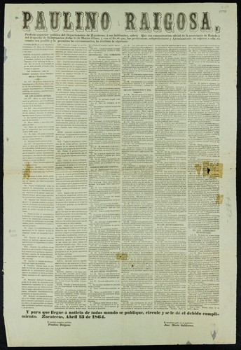 Paulino Raigosa, prefecto superior político del Departamento de Zacatecas ... Secretaría de Estado y del Despacho de Gobernacion ... Miguel Miramon ... presidente sustituto de la República Mexicana ... Ley provisional para el gobierno económico de los departamentos y territorios