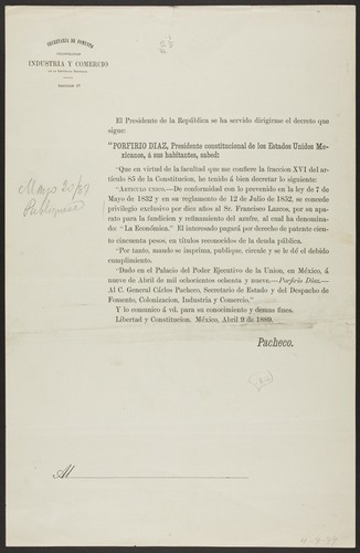 El Presidente de la República se ha servido dirigirme el decreto que sigue: Porfirio Diaz, Presidente constitucional ... se concede privilegio exclusivo por diez años al Sr. Francisco Lazcos, por su aparato para la fundicion y refinamiento de azufre, al cual ha denominado: "La Económica"