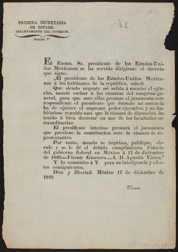 El Escmo. Sr. presidente de los Estados Unidos Mexicanos se ha servido dirigirme el decreto que sigue ... que siendo urgente mi salida á mandar el Ejército, mandé escitar á las cámaras del Congreso General, para que ante ellas prestase el juramento correspondiente el presidente que durante mi ausencia ha de ejercer el supremo poder ejecutivo