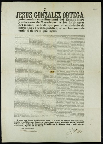 Jesus Gonzalez Ortega, Gobernador constitucional del Estado Libre y Soberano de Zacatecas ... Ministerio de Hacienda y Crédito Público ... Benito Juarez, presidente constitucional interino ... Art. 1°. La ocupacion de los bienes que por la citada ley entran al dominio de la nacion, se hará en el Distrito Federal por una oficina especial ... y en los estados por las gefaturas superiores de hacienda