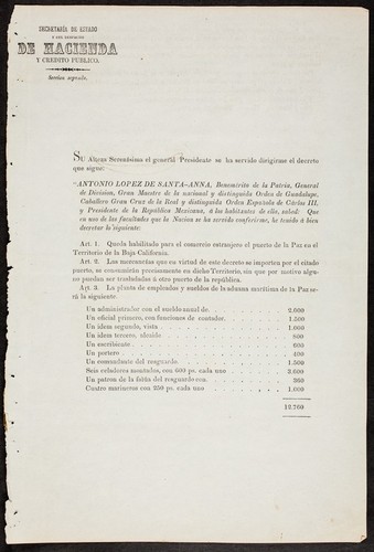 Su alteza serenísima el general presidente se ha servido dirigirme el decreto que sigue ... : Art. 1. Queda habilitado para el comercio estranjero el puerto de la Paz en el Territorio de la Baja California