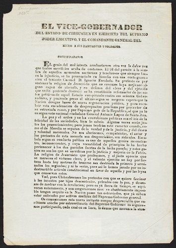 El vice-gobernador del estado de Chihuahua en ejercicio del supremo poder ejecutivo, y el comandante general del mismo a sus habitantes y soldados