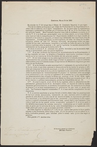 En circular de 17 del actual dice el Exmo. Sr. Comisario Imperial, lo que sigue ... el esacto cumplimiento de las leyes sobre la organizacion municipal y gubernativa expedidas por el Gobierno de S. M. en 19 de Noviembre del año próximo pasado ... me propongo cuidar con especialidad de que sean esactamente cumplidas y aplicadas en todas sus partes las disposiciones supremas sobre la materia y de que se regularice la marcha administrativa, realizándose así las miras del Gobierno de S. M