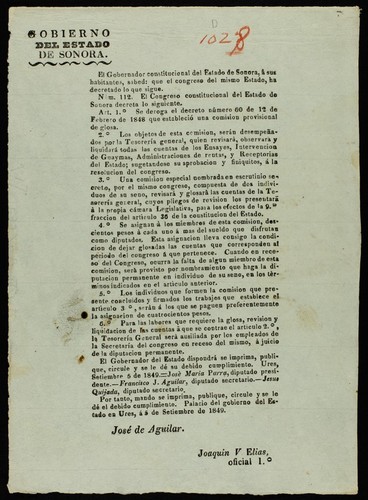 El Gobernador constitucional del estado de Sonora á sus habitantes, sabed: que el congreso del mismo estado ha decretado lo que sigue. Núm. 112 ... Art. 1.⁰ Se deroga el decreto número 60 de 12 de febrero de 1848 que estableció una comision provisional de glosa