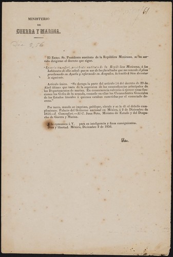 Artículo único. Se deroga la parte del artículo 14 del decreto de 29 de Abril último que trata de la supresion de las comandancias principales de los Departamentos de marina