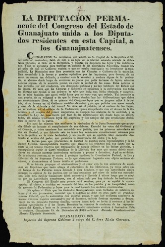 La Diputación Permanente del Congreso del Estado de Guanajuato unida a los Diputados residentes en esta Capital, a los Guanajuatenses