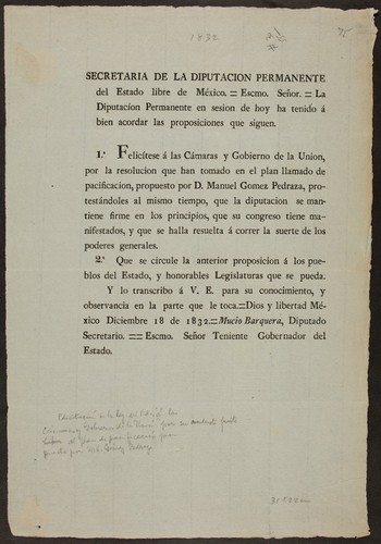 Secretaria de la diputacion permanente del Estado libre de México ... Felicítese á las Cámaras y Gobierno de la Union , por la resolucion que han tomado en el plan llamado de pacificacion, propuesto por D. Manuel Gomez Pedraza