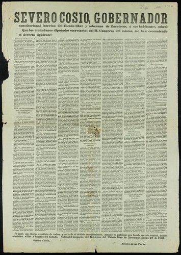 Severo Cosio, Gobernador constitucional interino del Estado Libre y Soberano de Zacatecas ... el H. Congreso del Estado ... decreta ... Se deroga el decreto espedido por el gobierno del Estado en uso de facultades estraordinarias ... La ley ... que queda vigente es la que sigue