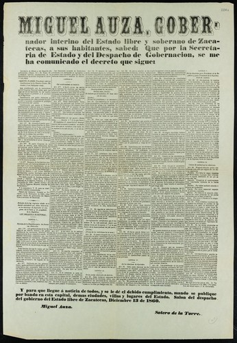 Miguel Auza, Gobernador interino del Estado Libre y Soberano de Zacatecas ... Secretaria de Estado y Despacho de Gobernacion ... Benito Juarez, presidente interino constitucional ... Ley organica electoral