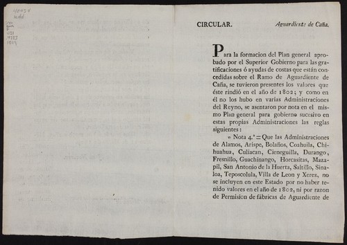 Circular. Aguardiente de caña : Para la formacion del Plan general aprobado por el Superior Gobierno para las gratificaciones ó ayudas de costas que están concedidas sobre el Ramo de Aguardiente de Caña
