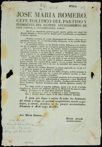 Jose Maria Romero, gefe politico del partido y presidente del ilustre Ayuntamiento de esta Capital ... el Sr. comandante general ... Joaquin Ramirez y Sesma me ha dirijido ... Primera Secretaría de Estado, Departamento del Interior ... presidente interino de los Estados-Unidos Mejicanos se ha servido dirigirme ... el Congreso General ha decretado ... Art. 1°. La milicia local en los estados ... se reducirá