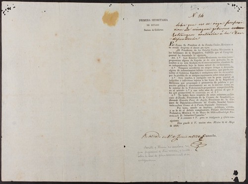 El Ecsmo. Sr. Presidente de los Estados Unidos Mexicanos, se ha servido dirigirme el decreto que sigue ... : Sabed: que el Congreso general ha decretado lo siguiente ... Los Estados Unidos Mexicanos, no oirán jamás proposicion alguna de España ni de otra potencia en su nombre si no está fundada en el reconocimiento absoluto de su independencia