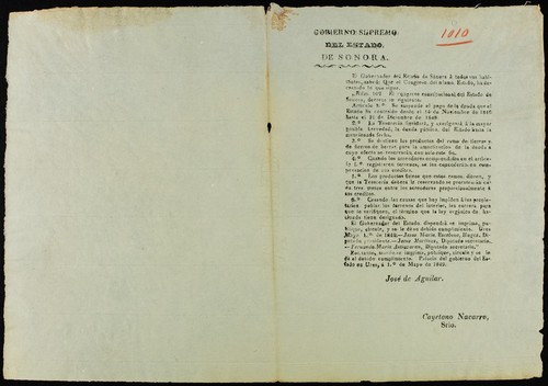 El Gobernador del estado de Sonora á todos sus habitantes, sabed: Que el Congreso del mismo estado ha decretado lo que sigue. Núm. 102 ... Artículo 1.⁰ Se suspende el pago de la deuda que el estado ha contraido desde el 14 de noviembre de 1846 hasta el 31 de diciembre de 1848
