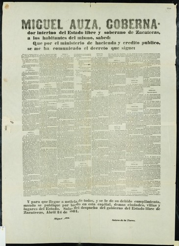 Miguel Auza, Gobernador interino del Estado Libre y Soberano de Zacatecas ... Ministerio de Hacienda y Crédito Público ... Benito Juarez, presidente interino constitucional ... De los adjudicatarios ... De los compradores ... De los denunciantes ... De las redenciones