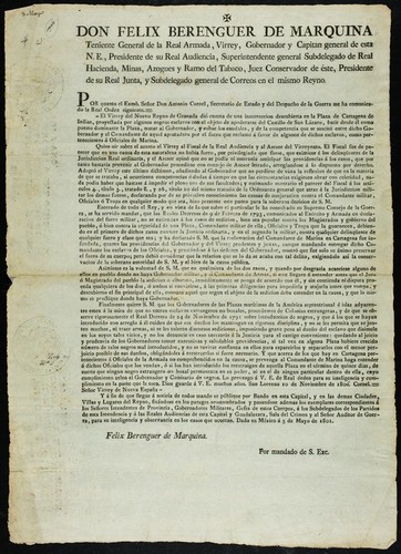 Don Felix Berenguer de Marquina, Teniente General de la Real Armada, Virrey ... por quanto el Exmô. señor don Antonio Cornel, Secretario de Estado ... El Virrey del Nuevo Reyno de Granada dió cuenta de una insurreccion en la Plaza de Cartagena de Indias, proyectado por algunos negros esclavos con el objecto de apoderarse del Castillo de San Lázaro ... se observe rigorosamente el real decreto ... sobre introduccion de negros