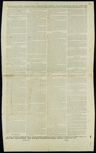 Victoriano Zamora, Gobernador y comandante general del Estado de Zacatecas ... Secretaría de Estado y del Despacho de Gobernacion ... Ignacio Comonfort, presidente sustituto de la República Mexicana ... el Congreso Estraordinario Constituyente ... decreta ... Ley organica electoral