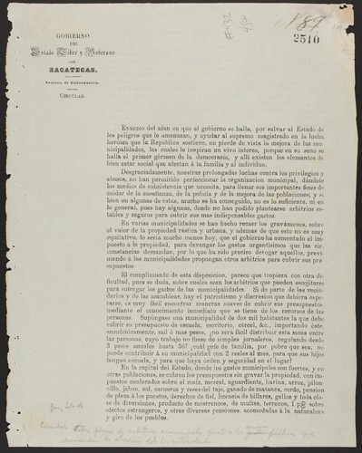 Enmedio del afan en que el gobierno se halla, por salvar al Estado de los peligros que le amenazan, y ayudar al supremo magistrado en la lucha heróica que la República se sostiene, no pierde de vista la mejora de las municipalidades, las cuales le inspiran un vivo interes, porque en su seno se halla el primer gérmen de la democracia, y allí existen los elementos de bien estar social que afectan á la familia y al individuo