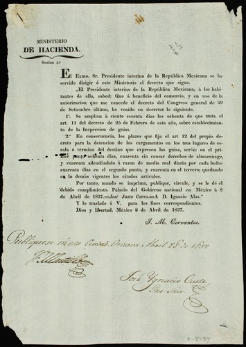 El Exmo. Sr. presidente interino de la República Mexicana se ha servido dirigirme el decreto que sigue ... que á beneficio del comercio ... 1°. Se amplían á ciento sesenta dias los ochenta