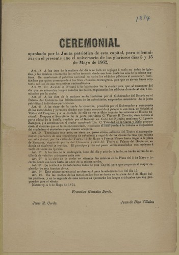 Ceremonial aprobado por la Junta patriótica de esta capital, para solemnizar en el presente año el aniversario de los gloriosos dias 5 y 15 de Mayo de 1862