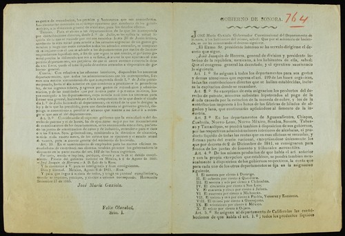 Jose Maria Gaxiola, Gobernador constitucional del Departamento de Sonora, á los habitantes del mismo, sabed: Que por el ministerio de hacienda, se me ha comunicado el decreto siguiente ... Art. 1°. Se asignan á todos los departamentos para sus gastos y demas atenciones que espresa el art. 199 de las bases orgánicas