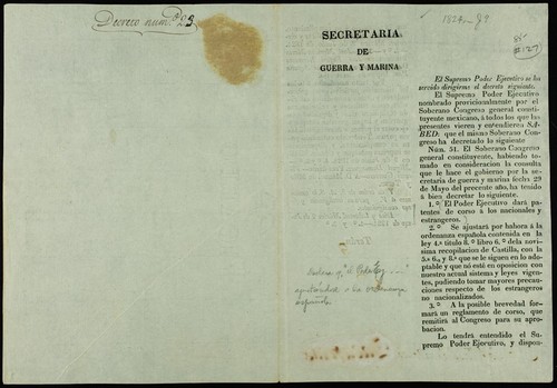 El Supremo Poder Ejecutivo se ha servido dirigirme el decreto siguiente ... Núm. 51. El Soberano Congreso general constituyente, habiendo tomado en consideracion ... 1°. El Poder Ejecutivo dará patentes de corso á los nacionales y estrangeros