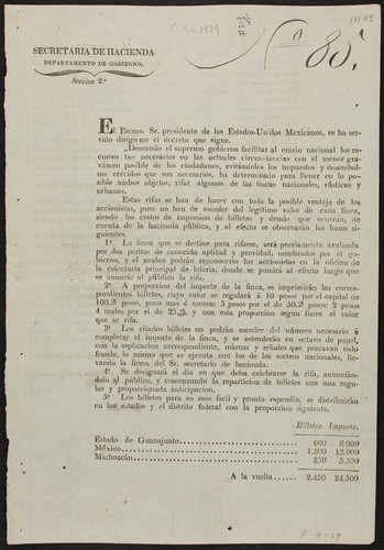 El Escmo. Sr. presidente de los Estados-Unidos Mexicanos, se ha servido dirigirme el decreto que sigue : deseando el supremo gobierno facilitar al erario nacional los recursos tan necesarios en las actuales circunstancias ... ha determinado ... rifar algunas de las fincas nacionales, rústicas y urbanas