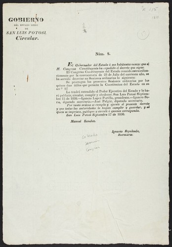 Núm. 8. El Gobernador del Estado á sus habitantes sabed: que el H. Congreso Constituyente ha expedido el decreto que sigue ... Se prorrogan las presentes Sesiones ordinarias por los quince dias útiles que permite la Constitucion del Estado en su arto. 97